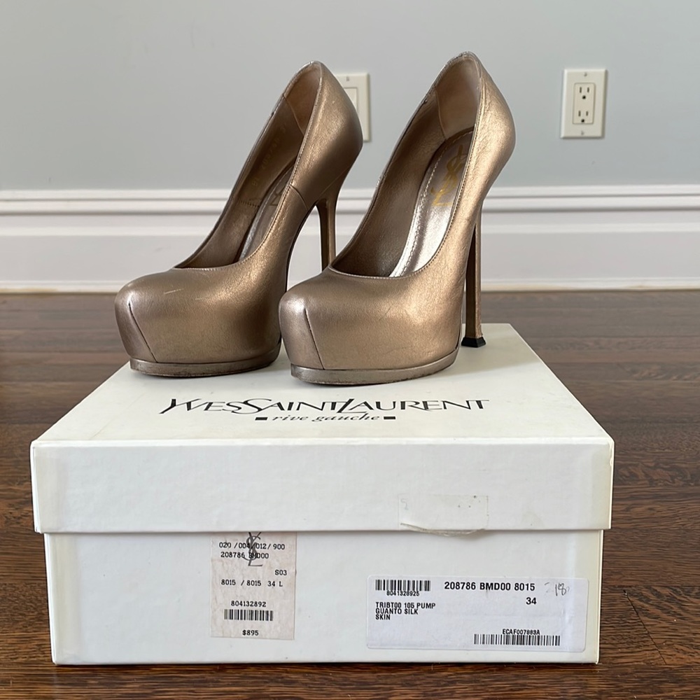 Yves Saint Laurent Tribtoo 105 Pump Gold Size 34